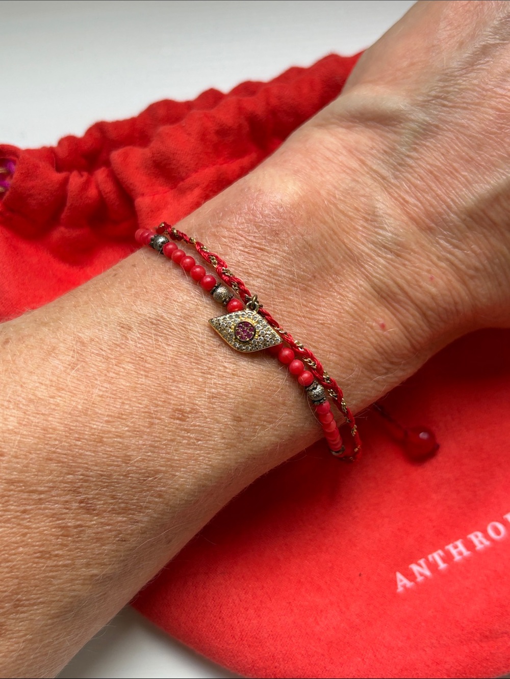 Anthropologie Red Beaded Evil Eye Pendant Necklace with Gold Accents